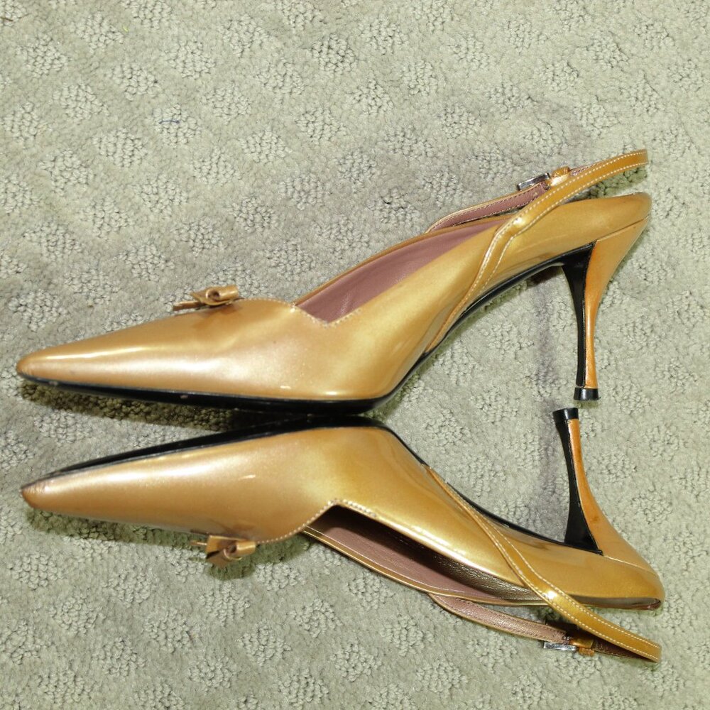 Prada Women's Size 7 / 37.5 Gold Patent Leather 3" Kitten Heel Bow Slingback - Picture 5 of 10